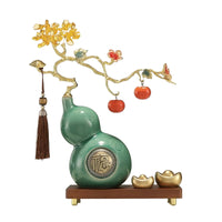 Gold-Tone Gourd Ornament with Wooden Base Traditional Ceramic Gourd Artisanal Statue Glossy for Homeowners, Living Room, Housewarming