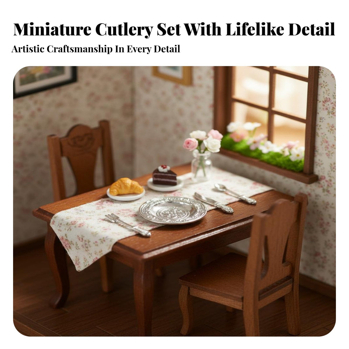 4 Pieces Miniature Plate and Cutlery Set DIY Craft Accessory Miniature Plates and Shiny Ware Set Realistic Design Hobby Supply for Hobbyists, Dioramas