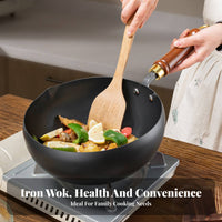 Uncoated Iron Wok Coating Coatingless Wok with Pouring Spout Uncoated Iron Pan Natural Non-Stick Deep Stir-Fry Pan Even Heating