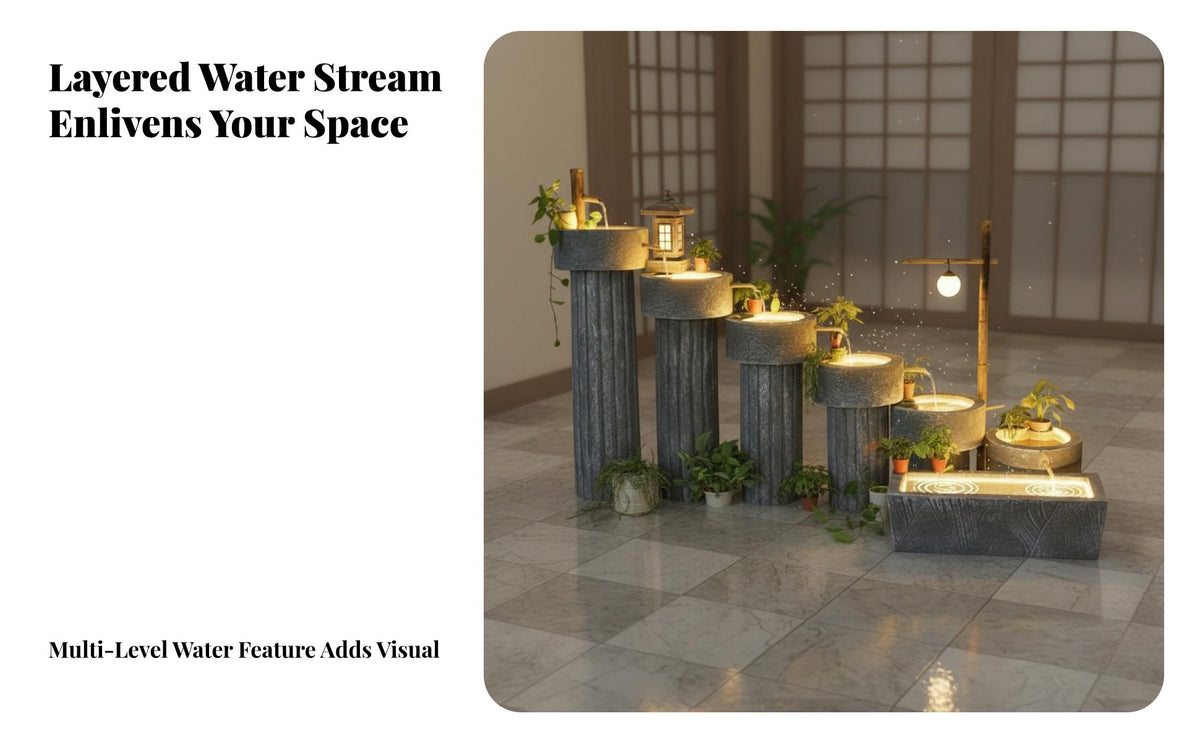 Japanese Design Water Water Feature Soothing Ambiance Feng Shui Water Ornament With LED Lights Cascading Floor Water Feature for Living Room, Balcony