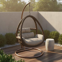 Hanging Oval Chair with Stand Indoor Outdoor Freestanding Wicker Swing Chair Leisure Furniture Weather Resistant for Living Room