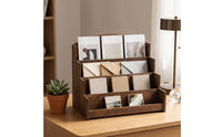 Greeting Card Display Stand Holder with Arched Back Wooden Stepped Display Shelf Multi-Tier Postcard Rack for Reception Desk