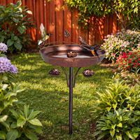 Iron Water Dish for Birds, 12.2 inch Retro Vintage Rustic Garden Decor, Dark Brown Outdoor Bath and Feeder with Post
