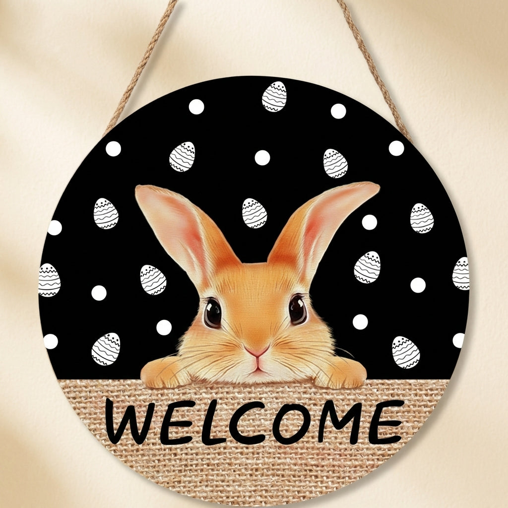 Easter Plaque Round  Wooden Bunny Door Hanger Festive Design Easter Decoration for Home Entrance, Porch, Classroom