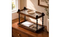 Dark Brown Two-Tier Storage Rack Textured Tabletop Tray Rack Twisted Posts Wooden Tray Organizer Clear for Desk, Vanity, Entryway
