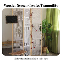 Natural Materials Bohemian Folding Screen Foldable Design Wooden Frame Woven Screen Portable 3-Panel Room Divider for Apartment Dwellers, Interior Decorators, Office Workers, Guesthouse, Bedroom