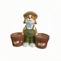 Solar Dog Planter Statue Magnesium Compound Oxide Dog Statue Planter Resin Creature Flower Pot Sculpture Straw Hat Garden Decor