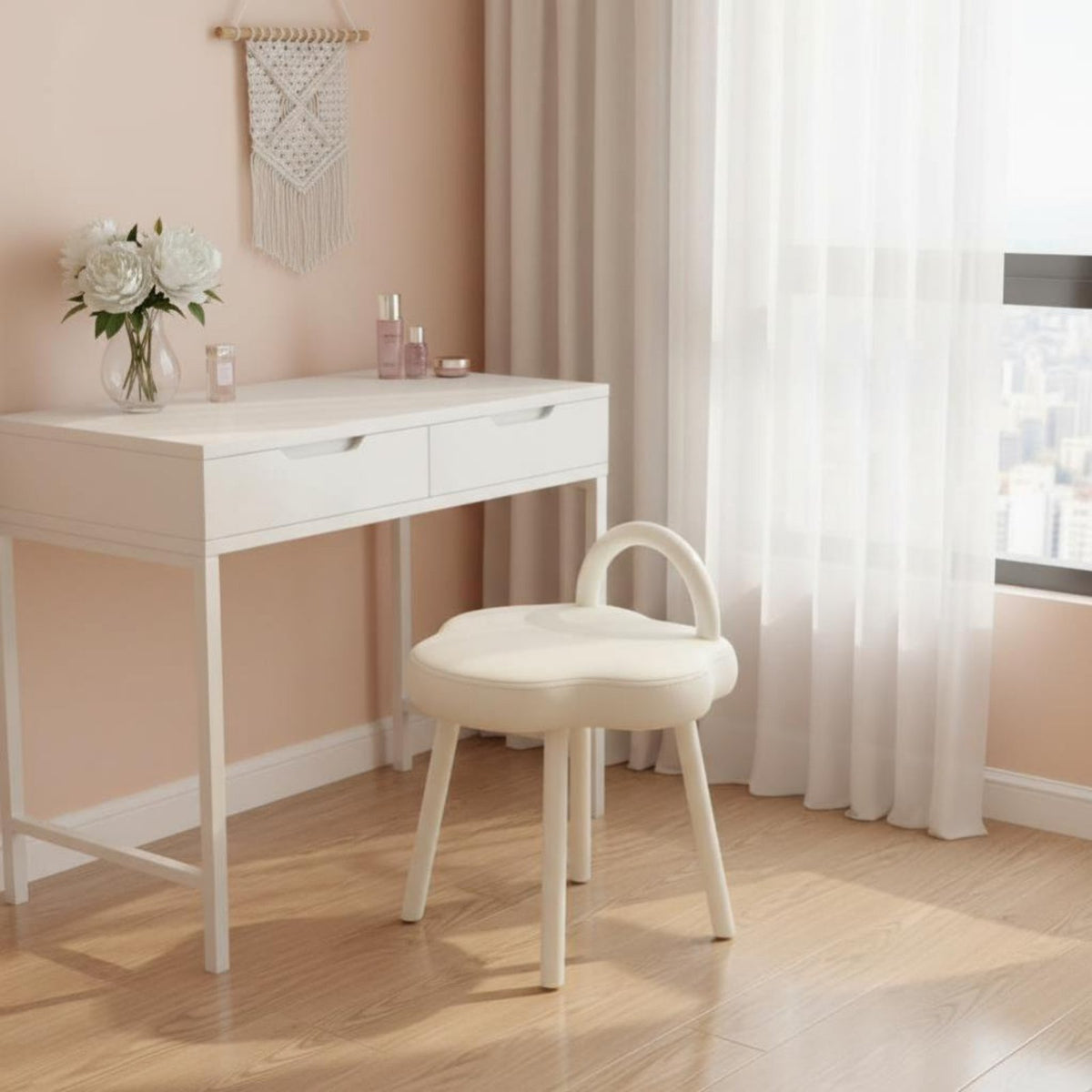 Soft Padded puffShaped Vanity Chair Compact Design Upholstered Makeup Seat Sturdy Construction Household Furniture Ergonomic Shape for Women, Girls, Students, Bedroom, Dressing Room, Nail Salon