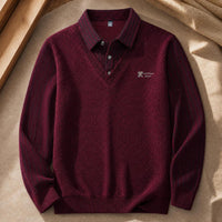 Men's Faux Two-Piece Shirt Collar Sweater with Fleece Lining, Thickened Warm Knitted Base Layer