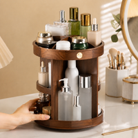Walnut Makeup Storage, 2-Layer Rotating Perfume Stand, Dark Brown Bathroom Organiser for Vanity Table, Cosmetic Organizer with Compartments