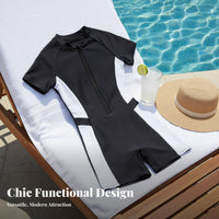 Multicolor Design Waterwear Top High Elasticity Short Sleeve Waterwear Top Short Sleeve Zip up Swimsuit Modest Coverage