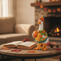Tabletop Resin Goose Figurine Knitted-Style Goose Figurine with Hat Hand-Painted Cute for Autumn Decor, Fall Decorating