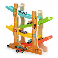 Early Learning Wooden Car Ramp Toy Inertia Powered Multi Level Car Slide for Toddlers, Kids