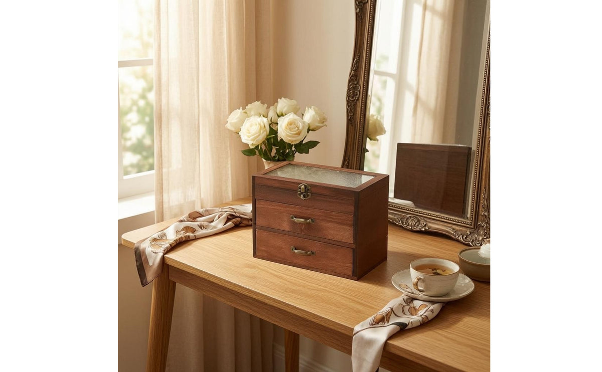 Jewelry Box with Drawers Embossed Floral Pattern Jewelry Box with Glass Upper Classic Keepsake Storage