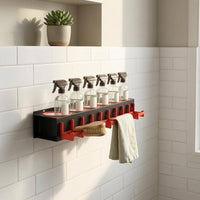 Metal Wall Mounted Spray Bottle Rack Multi-Slot Spray Bottle Wall Holder Black and Red Cleaning Supply Rack Mounting Holes