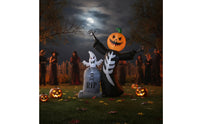 2 Pieces Spooky Inflatable Skeleton with Pumpkin Head Outdoor Inflatable Tombstone with Ghost Self-Standing Halloween Inflatables Lawn for Porch