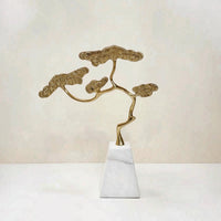 Gold-Tone Evergreen Tree Figurine Goldtone Bonsai Tree Sculpture Sculptural Bonsai Decor Minimalist for Living Room, Entryway