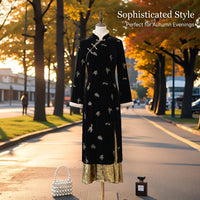 Chinese Dress Long Sleeve Velvet Cheongsam for Women Plus Size, Embroidered Floral Qipao for Formal Events and Cultural Gatherings