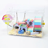 Transparent Hamster Cage Villa, Large Acrylic Multi Level Habitat for Dwarf Pet Mice, Interactive Hamster Cage with Wheel and Ramp Accessory