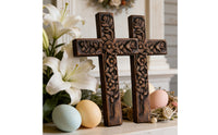 Cross with Floral Relief Freestanding Carved Wood Cross Rustic for Tabletop