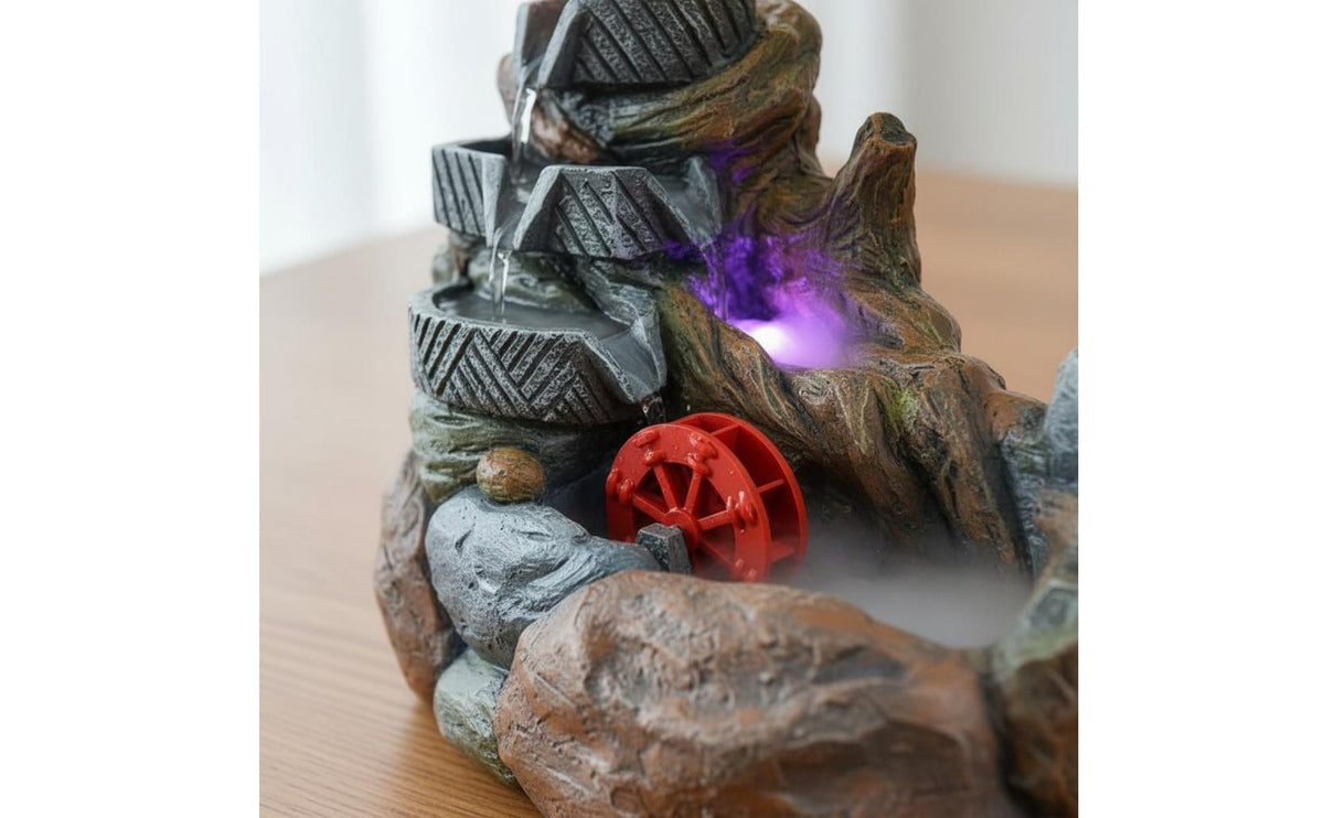 Ideal Gift Circulating Water Desk Feature Miniature Landscape Rockery Waterfall Fountain Air Humidifier LED Rockery Water Fountain Hand-Painted for Business Owners, Office, Living Room, Entryway