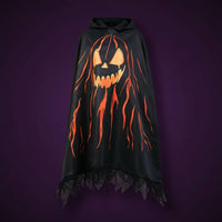 Scary Pumpkin Specter Costume Digital Print Hooded Pumpkin Lantern Cape Tattered Hem Halloween Outfit for Trick-or-Treating