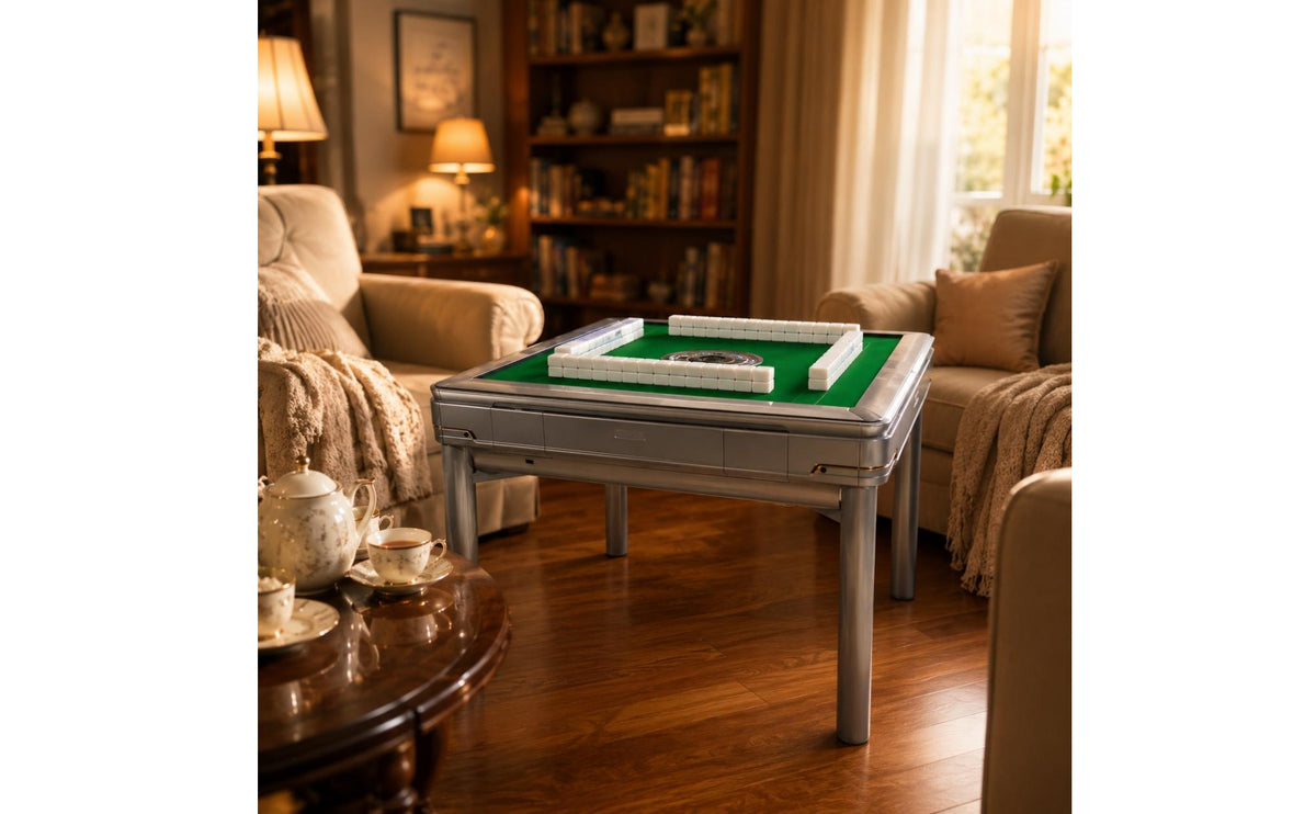 Gray Finish Electric Mahjong Table Enclosed Construction Automatic Mahjong Table Recessed Center Opening Gold Trim