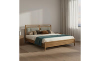 Rattan Headboard Bed Minimalist Design Solid Wood Foundation Bed for Homestay, Hotel, Guest Room