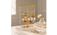 Jewelry Stand with Tray Metal Earring Holder Stand Adjustable Height Necklace Earring Organizer for Women, Girls, Dresser, Vanity, Bedroom