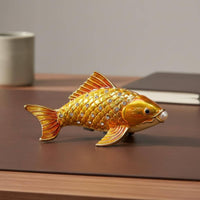 Alloy Golden Carp Figurine fishing ornament Rhinestone Accents Koi fishing Trinket Box for Office Desk, Dresser