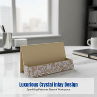 Crystal Sparkle Stone Business Card Holder, Elegant Desk Organizer, Office Decor, Alabaster Coral Navy
