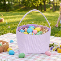 Purple Seersucker Easter Basket Lightweight Egg Hunt Bag with Handle and Gingham Lining Portable Gift Hamper Tote for Kids Holiday Celebrations