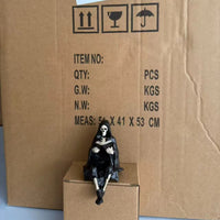 Dark Fantasy Seated Figurine with Book Antique Black Hooded Figure Figurine Moody Shelf Sitter Compact for Collectors