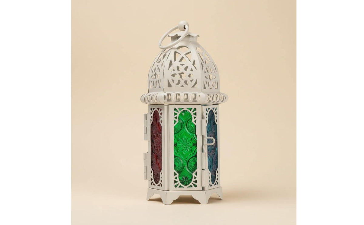 Middle Eastern Candle Lantern Hollow-out Metalwork Mediterranean Candle Lantern Indoor Outdoor Use Metal and Glass Tea Light Holder for Tabletop