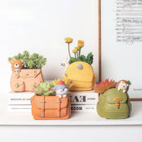 Handmade Backpack Planter Resin Backpack Flowerpot Textured Planter with Drainage Hole Molded for Succulent Lovers, Students, Office, Windowsill
