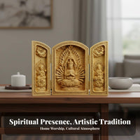 Intricate Element S Foldable Buddhist Shrine Portable Three-Panel Altar Box Boxwood Prayer Box for Spiritual Seekers, Art Collectors, Home Decorators, Meditation Space, Living Room, Travel, Office Desk