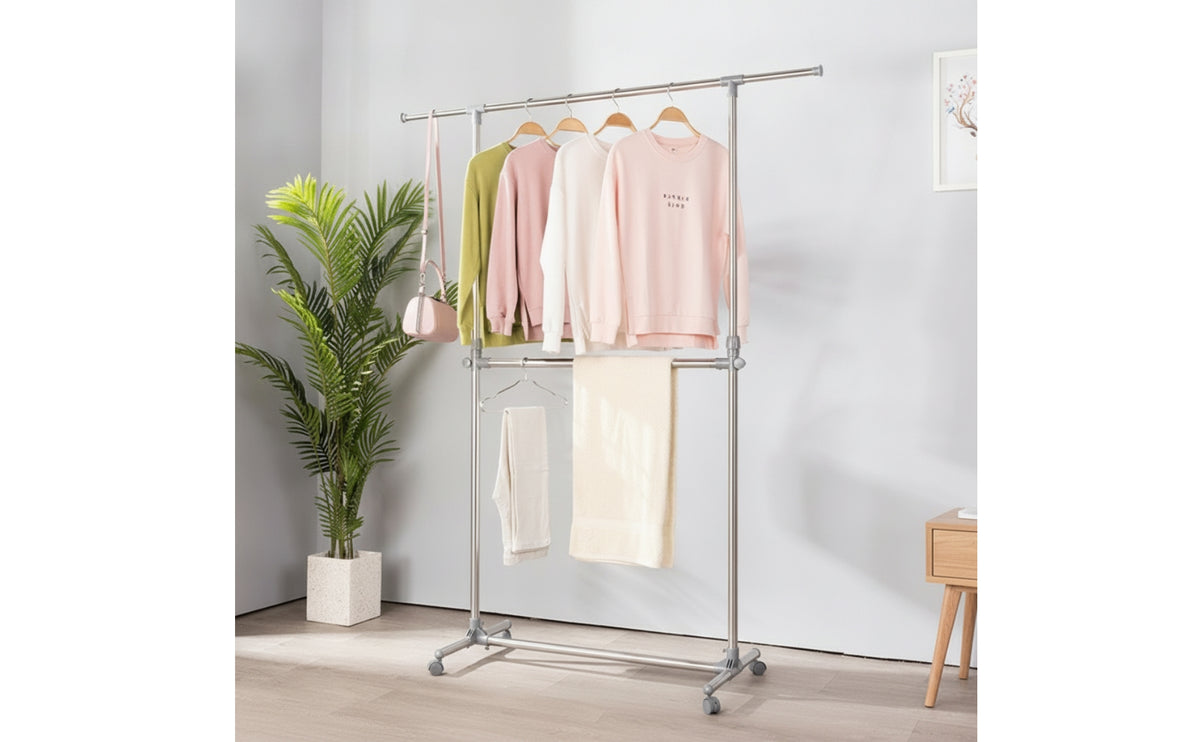 Adjustable Height Double-Layer Drying Rack Compact Clothes Drying Rack with Wheels Multi-Functional Furniture Stable for Balcony