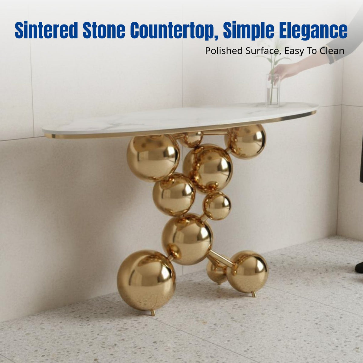 Modern Luxury Entryway Table, Creative Sintered Stone Console, Spherical Stainless Steel Accent, Hotel Foyer Decor