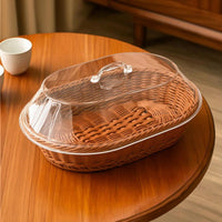 Bread Basket with Acrylic Cover Transparent Rattan Basket with Acrylic Lid Low-Profile for Bakeries