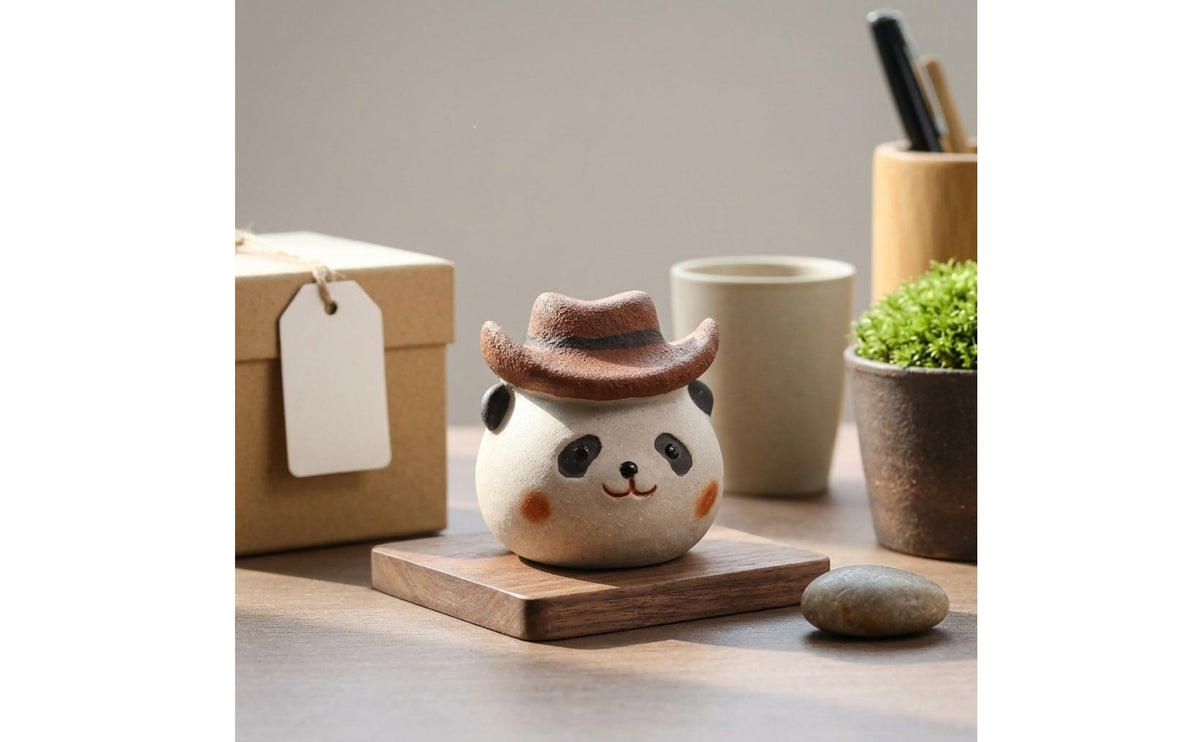 Panda Tea Pet Figurine Pet Orange Cheek Spots Clay Panda Ornament Brown Hat