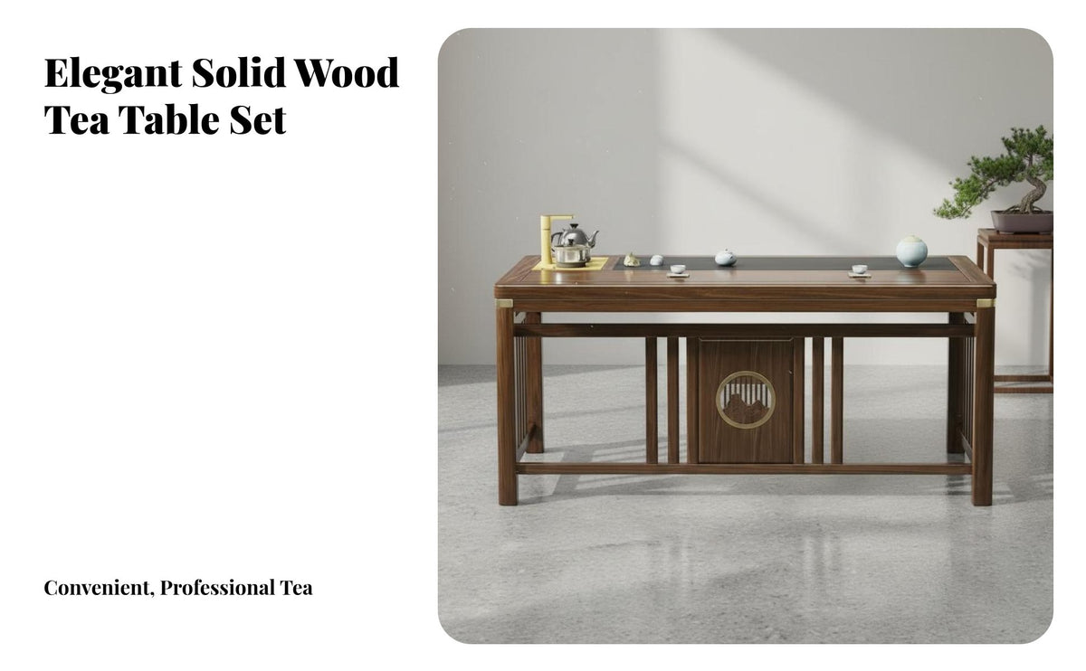 Traditional Design Chinese Design Tea Table Set Water Drainage System Solid Wood Tea Table and Chairs Stable Structure Wooden Dining Set Long-Lasting for Business Professionals, Homeowners, Collectors, Office, Living Room, Reception Area