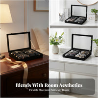 Divided Compartments 8 Slot Eyeglasses Box Metal Latch Glass Lid Glasses Box Rectangular Tray Velvet Lined Eyeglasses Case Slim Profile