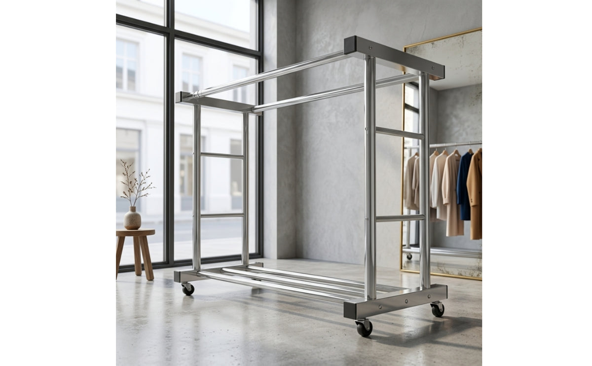 Stainless Steel Clothes Drying Rack Freestanding Double Rod Clothes Rack Movable Furniture Heavy Duty for Laundry Room, Balcony, Patio
