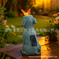 Solar Powered Garden Light with Gray Dog Statue for Outdoor Decor