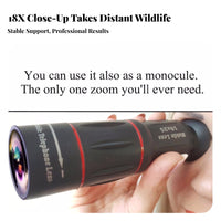 High Magnification 18x Telephoto Ph Single Lens 2-in-1 Function Monocular Telescope for Ph Single Adjustable Focus Mobile Device Telescope Lens Kit HD Optics for Outdoor Enthusiasts, Bird Watchers, Wildlife Viewing, Landscape Photography, Sporting Events