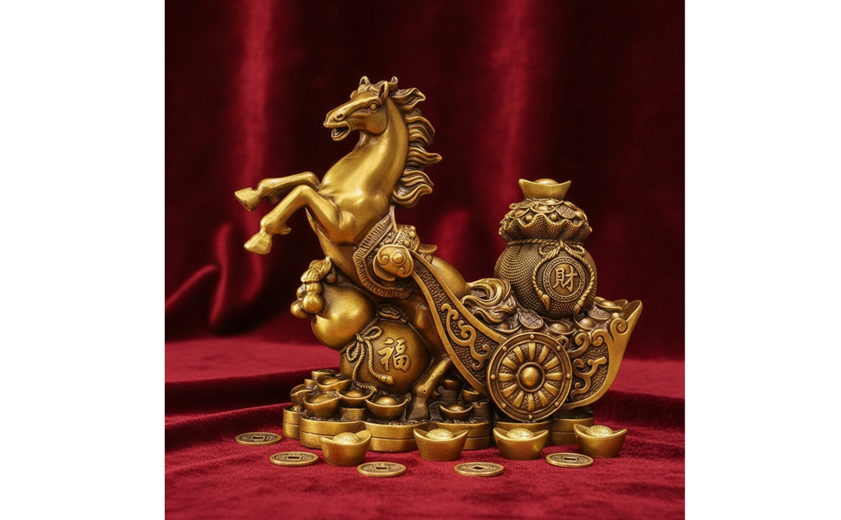 Brass Horse Figurine with Cart Gold-Toned Horse Figurine Polished Sculpture Feng Shui for Collectors, Business Owners, Desk, Office, Entryway
