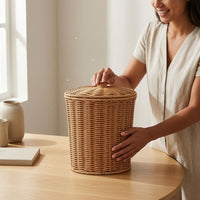 Fitted Lid Lidded Storage Basket Cylindrical Round Rattan Basket Natural Tan Home Organizer Loop Knob