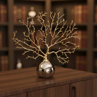 Coral Branch Sculpture with Spherical Base Reflective Metal Coral Statue with Mirror Sphere Abstract Decor for Entryway, Display Cabinet