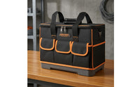 Oxford Textile 18 Inch Tool Bag Black and Orange Hard Bottom Tool Bag Flat-Lid Design Portable Storage Reinforced Handle