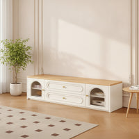 TV Cabinet Low-Profile TV Console with Glass Doors Wood-Grain Media Console with Glass Doors for Living Room, Small Apartment